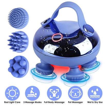 Electric Scalp Massager Rechargeable Head Mssager IPX7 Waterproof Dog Cat Massager with Red Light 3 Modes 3 Types of Massage Claws for Men Women Elder