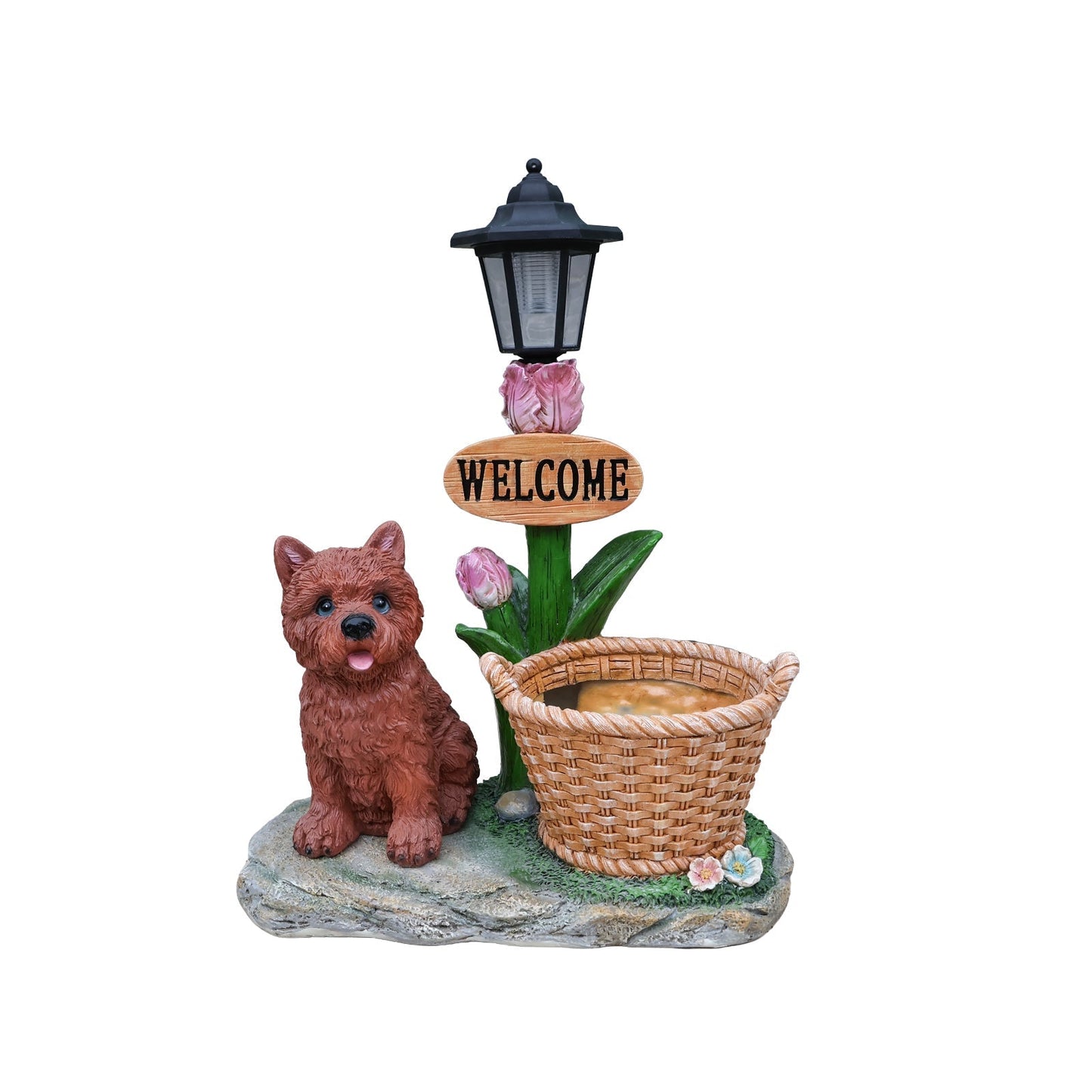 Sitting Puppy Solar Planter Outdoor Statue