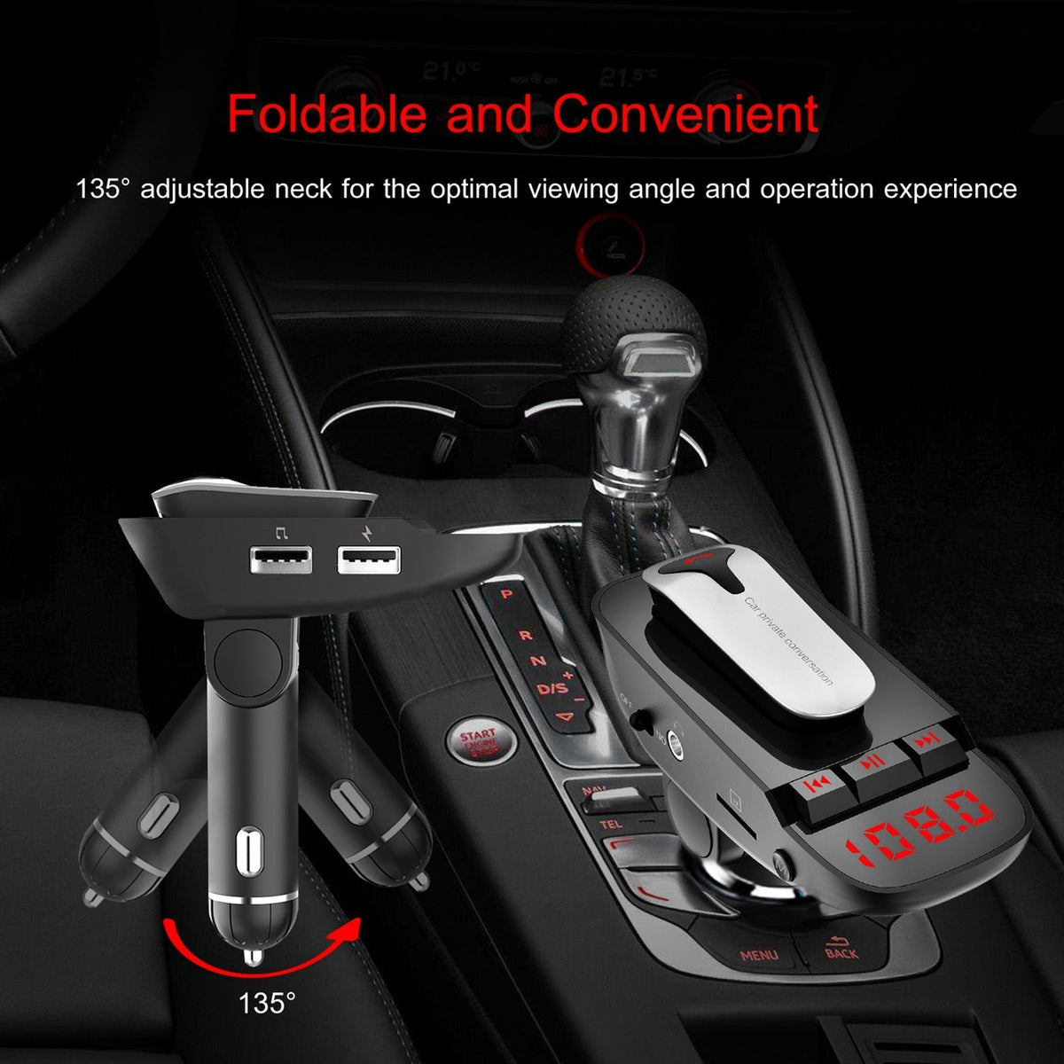 Car FM Transmitter w/ Wireless Earpiece 2 USB Charge Ports Hands-free Call MP3 Player TF Card Aux-in