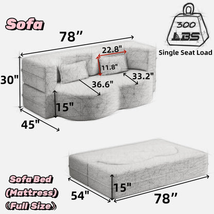 Modern Floor Sofa With Two Pillows Convertible Teddy Fabric Foam Filled Bed