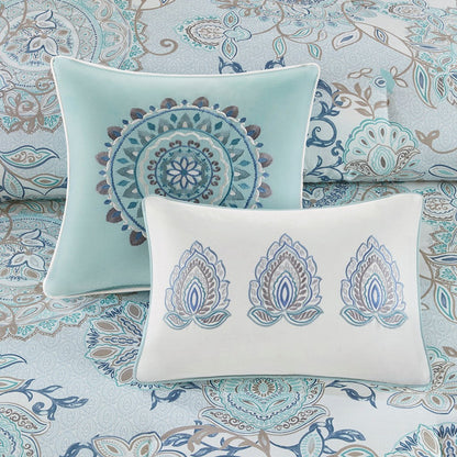 8 Piece Cotton Floral Printed Reversible Comforter Set Blue