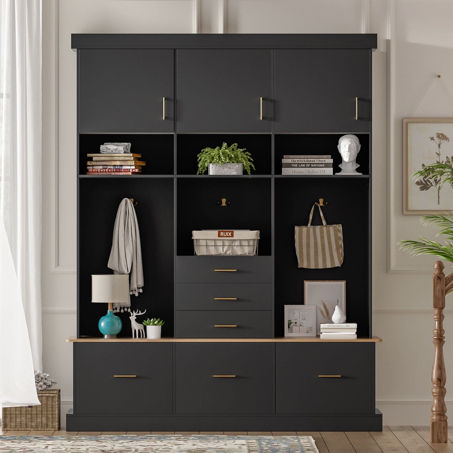 Entryway Hall Tree With Bench And Storage, 5 In 1 Coat Rack