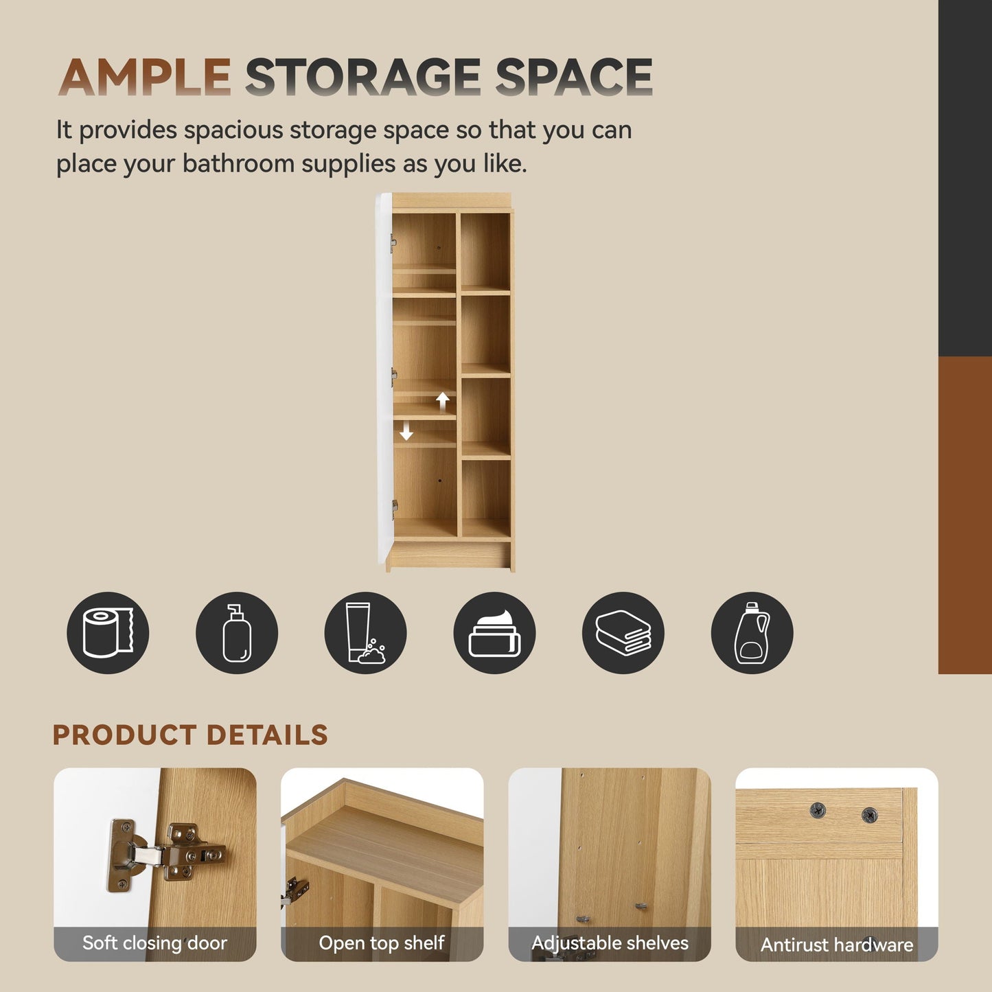 Tall Freestanding Bathroom Side Cabinet With Single Door & 4 Tier Open Shelves - Black / Light Oak / White