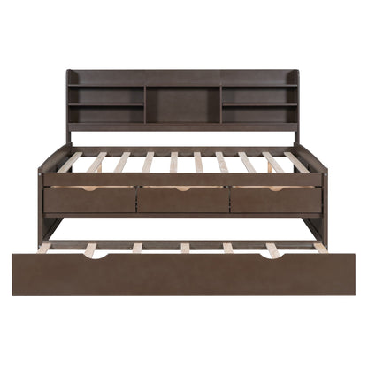 Captain Bed With Built In Bookshelves, 3 Storage Drawers, And Trundle
