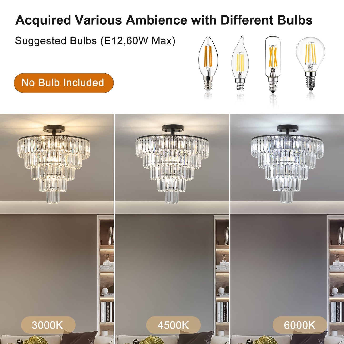 20' Black Crystal Chandelier Ceiling Light, Modern Luxury 10-Light Flush Mount