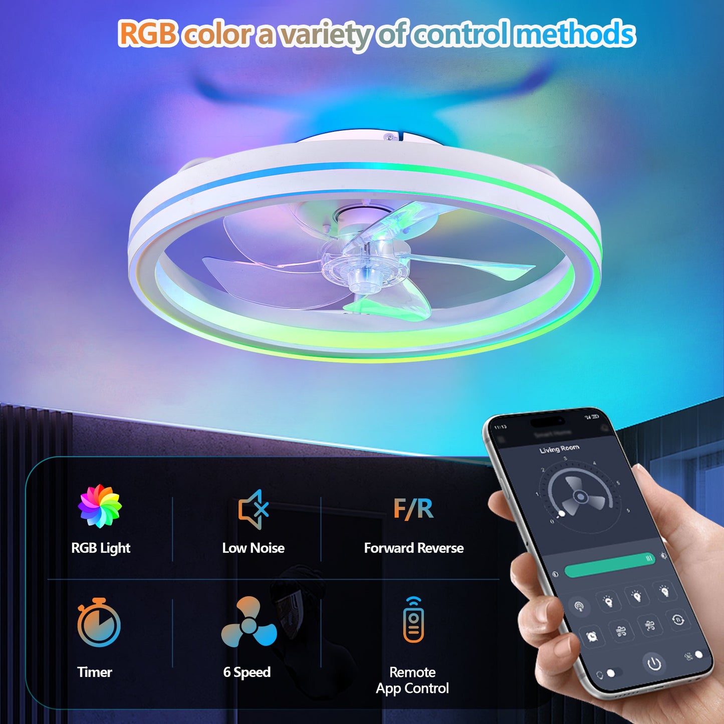 RGB Ceiling Fan with Lights, 19'' Smart LED Bladeless Chandelier Fan