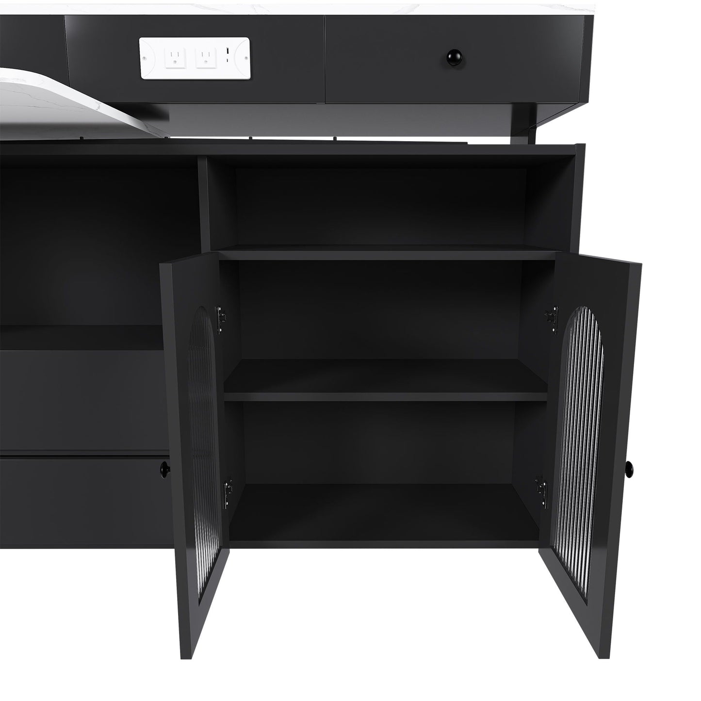 Kitchen Island With Extendable Rotating Table, 4 Drawers & Glass Door Cabinets, Built In Socket - Black