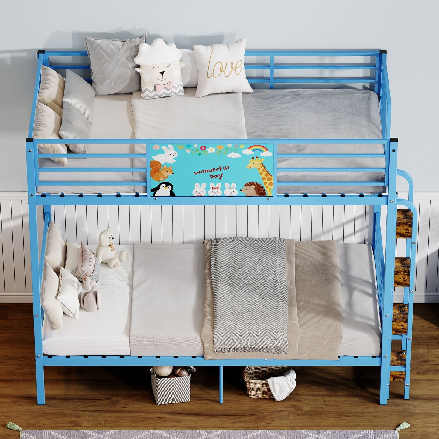 Bunk Bed, Convertible To 2 Separate Twin Size Beds With Full Length Guardrail & Ladder, No Box Spring Needed - Blue