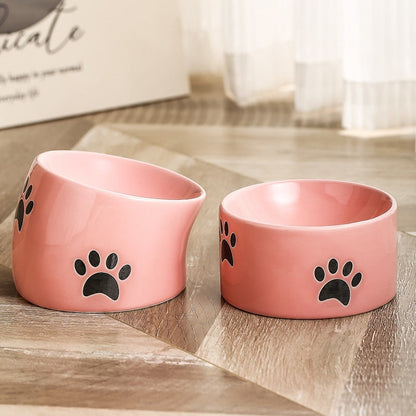 Drinking Water Neck Protection Pet Ceramic Oblique Mouth High Foot Food Basin