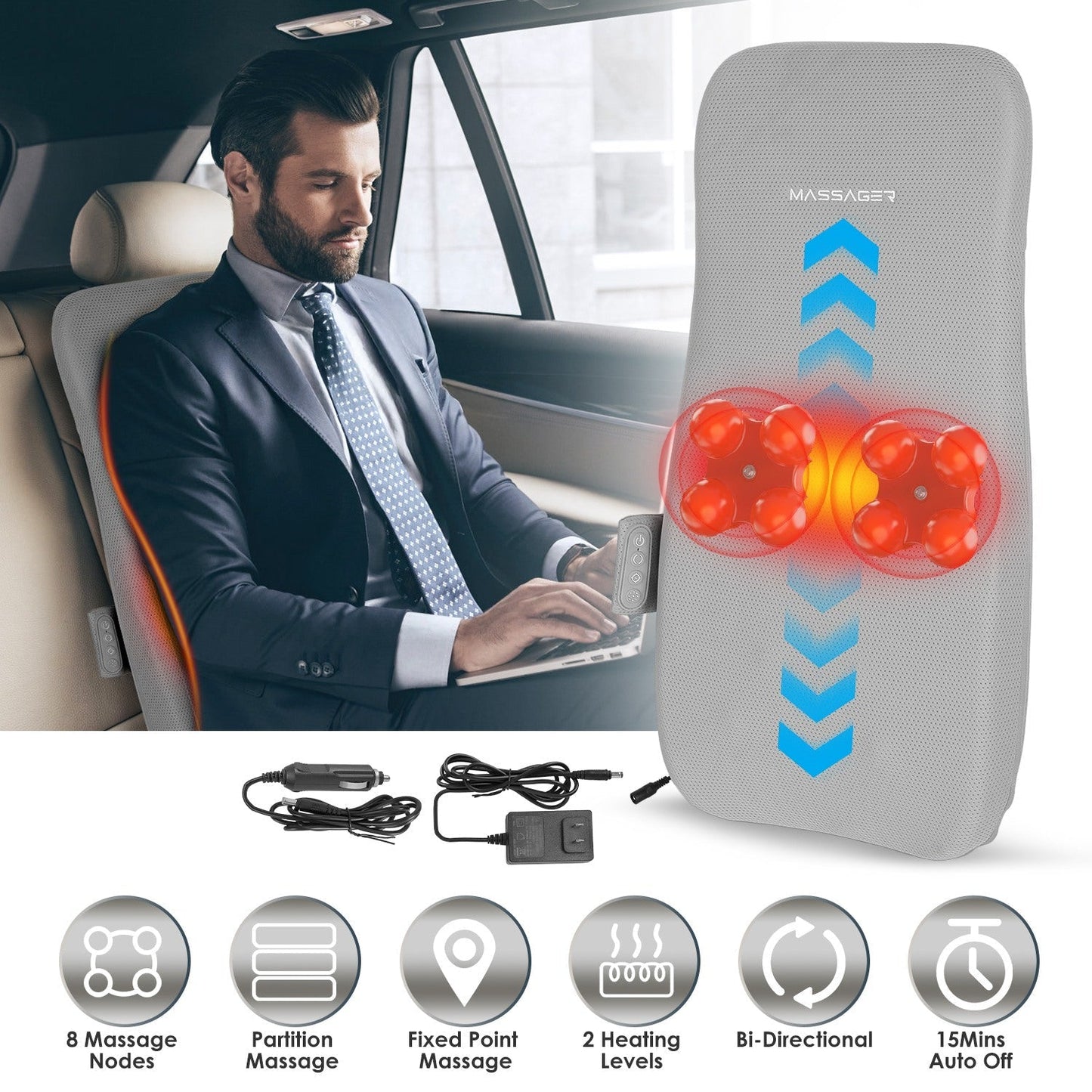 Full Back Massager With Rolling Kneading Nodes Soothing Heating 3D Deep Tissue Shiatsu Chair Massage Pad For Lumbar Upper Lower Back Gift For Women Me