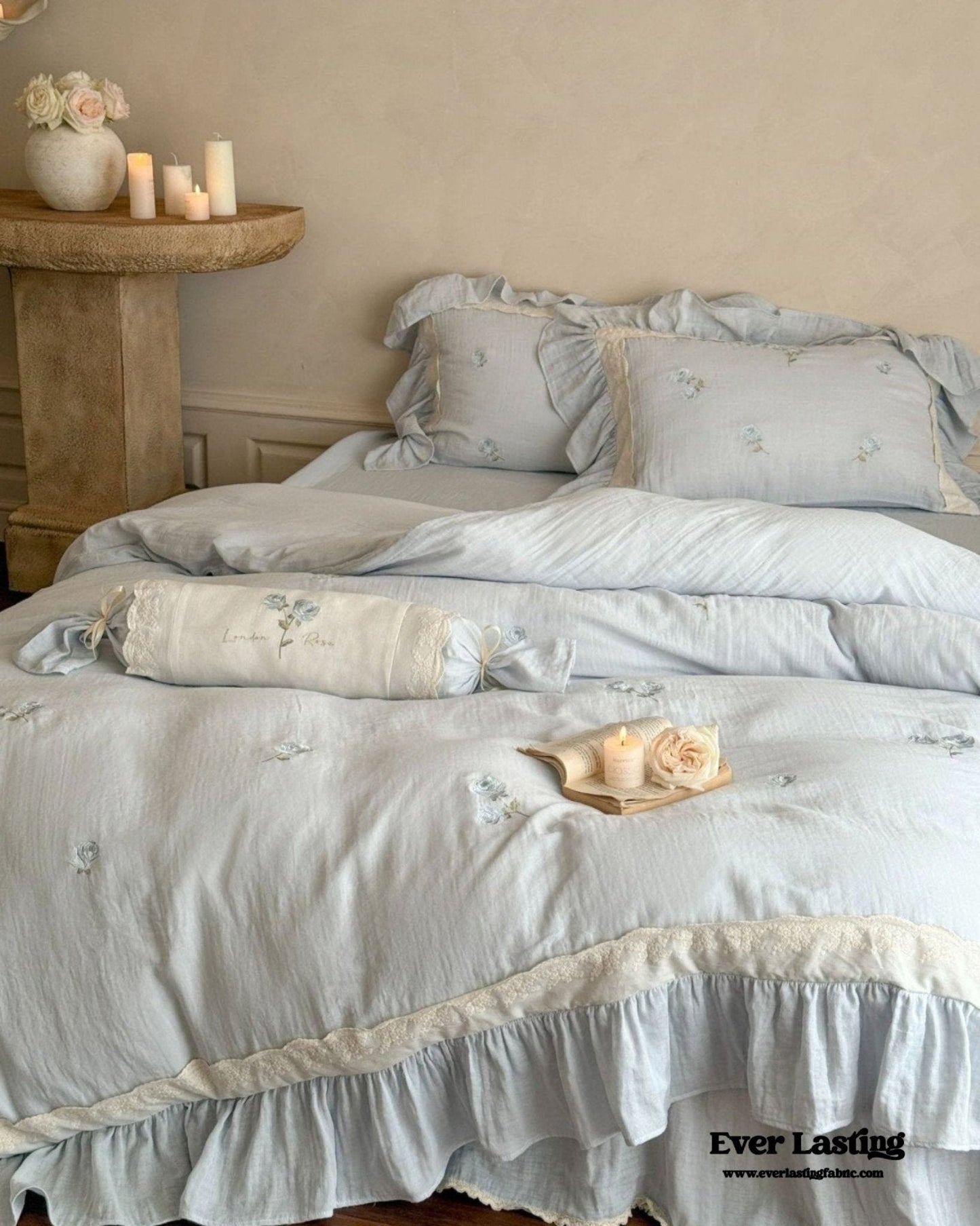 Beatrice Rose Lace Ruffle Bedding Set / Blue