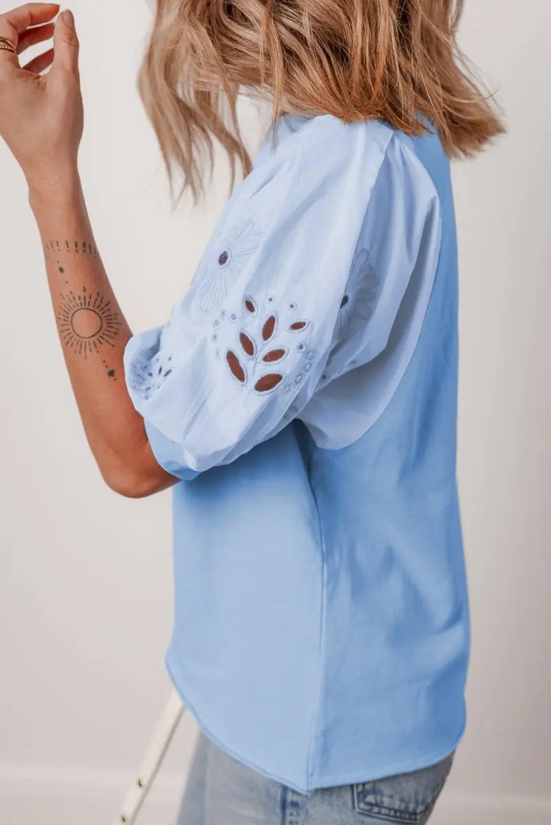 Pants Love Salve  Beau Blue Eyelet Flower Embroidered Puff Short
