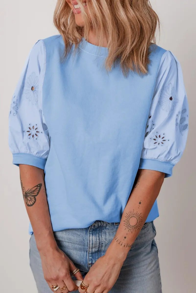 Pants Love Salve  Beau Blue Eyelet Flower Embroidered Puff Short