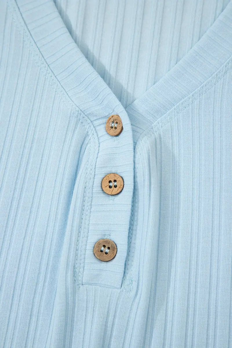 Accessories Love Salve  Beau Blue Ribbed Button V Neck Tank Top and