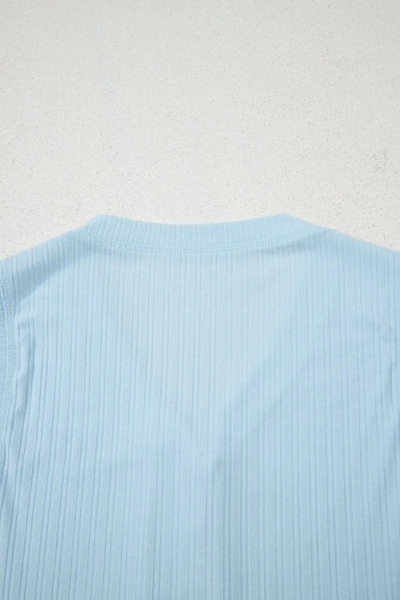 Accessories Love Salve  Beau Blue Ribbed Button V Neck Tank Top and