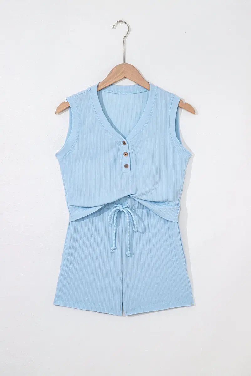 Accessories Love Salve  Beau Blue Ribbed Button V Neck Tank Top and