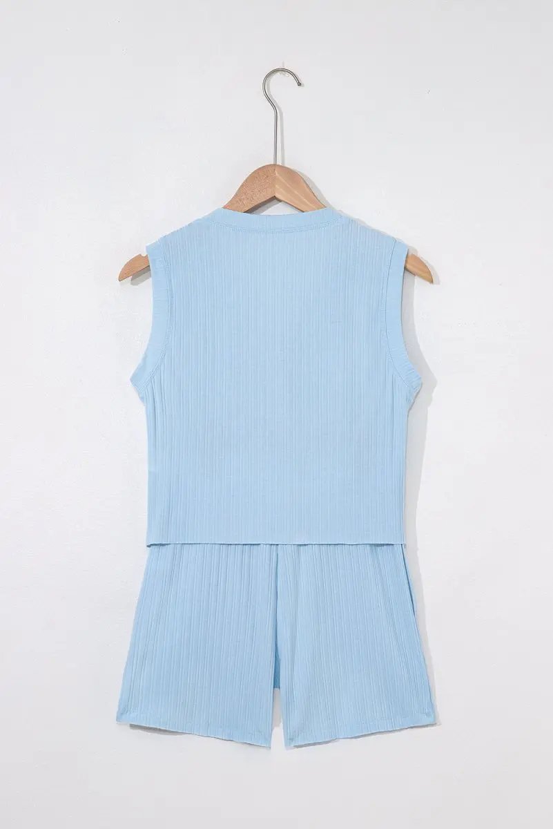 Accessories Love Salve  Beau Blue Ribbed Button V Neck Tank Top and