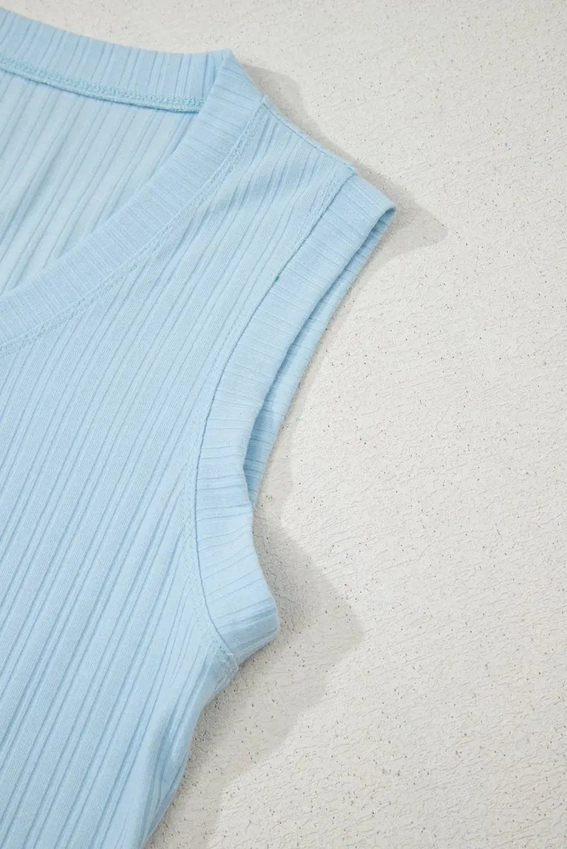 Accessories Love Salve  Beau Blue Ribbed Button V Neck Tank Top and