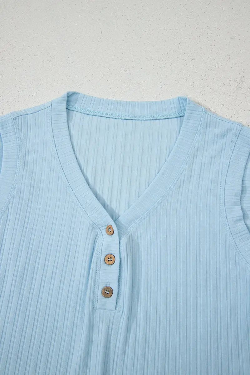 Accessories Love Salve  Beau Blue Ribbed Button V Neck Tank Top and
