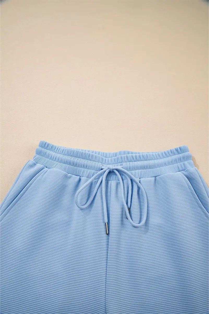 Pants Love Salve  Beau Blue Textured Ruffled Sleeve Zipped Top And