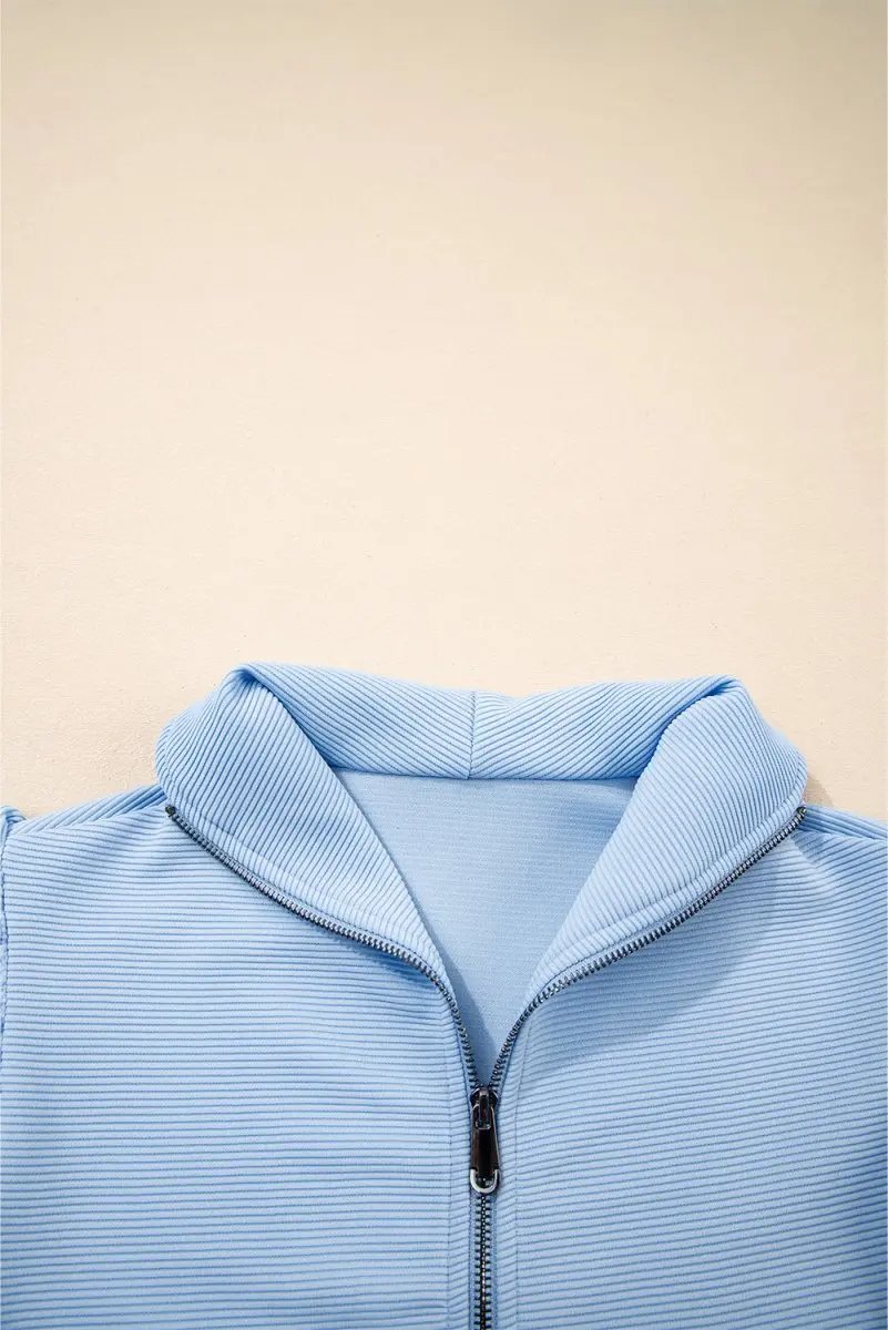 Pants Love Salve  Beau Blue Textured Ruffled Sleeve Zipped Top And