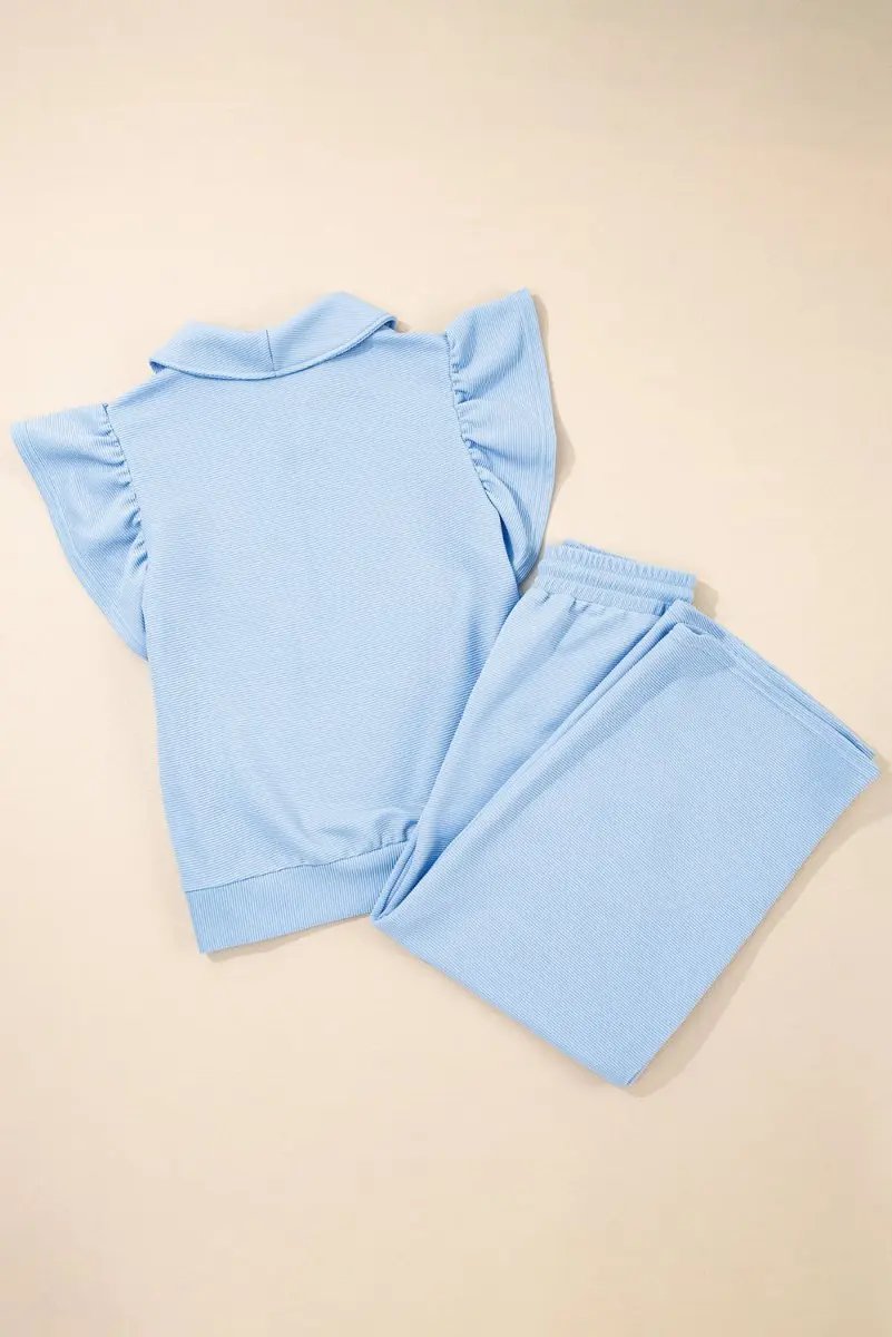 Pants Love Salve  Beau Blue Textured Ruffled Sleeve Zipped Top And