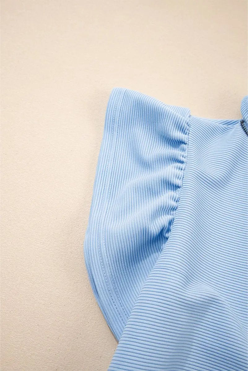 Pants Love Salve  Beau Blue Textured Ruffled Sleeve Zipped Top And