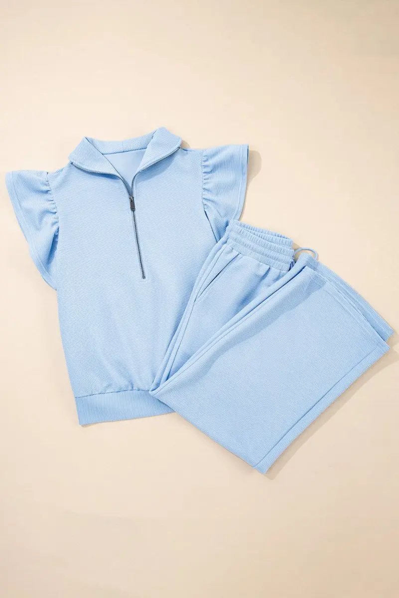 Pants Love Salve  Beau Blue Textured Ruffled Sleeve Zipped Top And