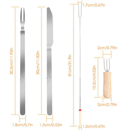 Stainless Steel Roasting Sticks Set 31.9in Extendable Telescoping Marshmallow Hot Dog Fork Skewers Set w/ Corn Needles Fork Knife For BBQ Fire Pit Cam