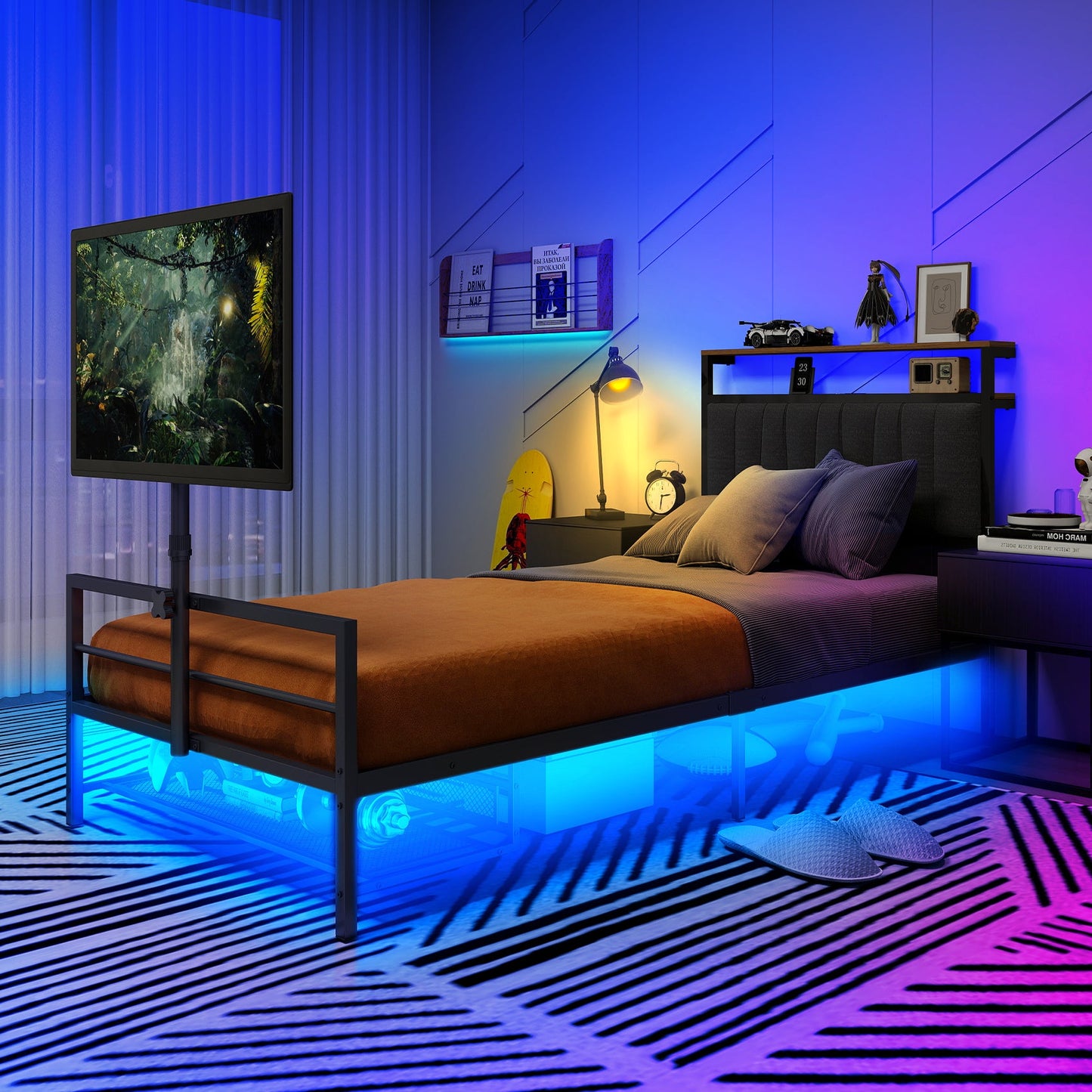 Twin Size Gaming Bed with Rotating TV Mount and LED Lighting