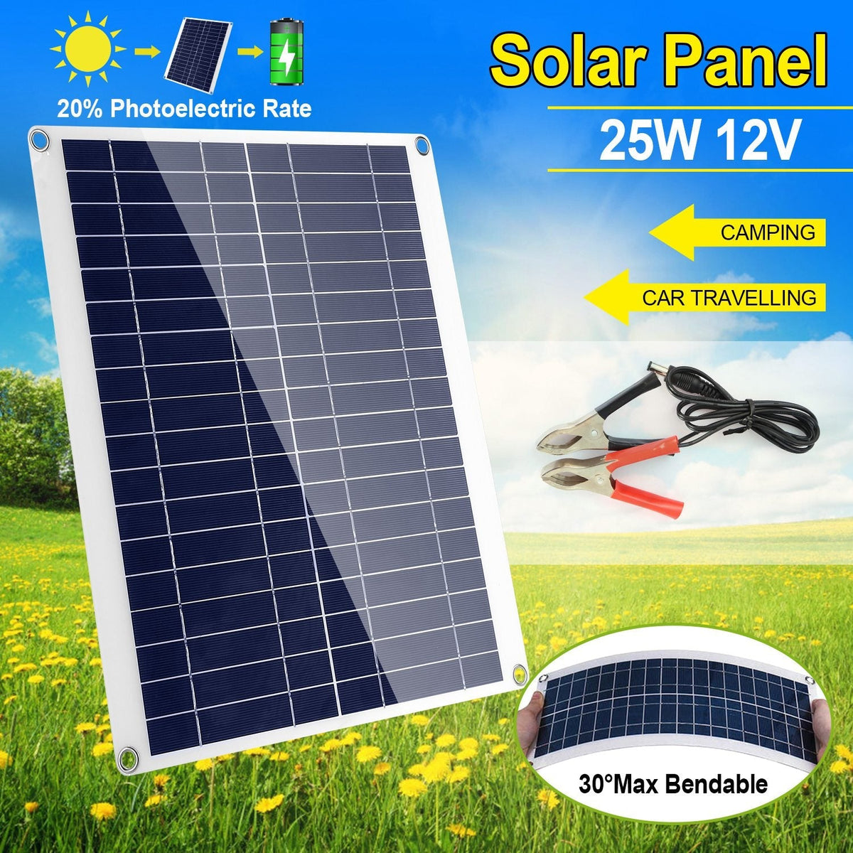 Outdoor Solar Panel 12V 25W Car Battery Charger IP68 Waterproof w/ 3.0A Dual USB Charging Clip Line For RV Car Boat