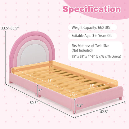 Twin Bed Frame with Height-Adjustable Headboard and Sturdy Wooden Slats-White & Pink