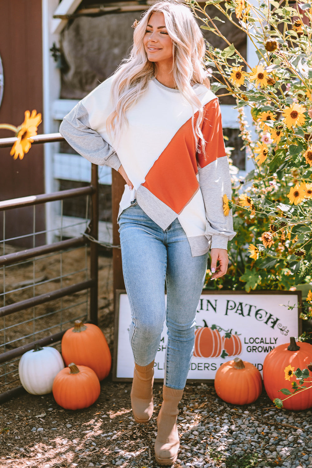Isabella Stitching Irregular Hem Long Sleeve Top