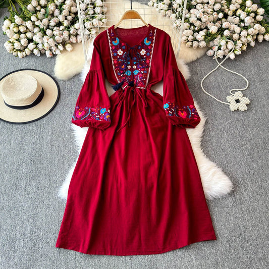 Bohemian Embroidery Fringe Tie-Waist Dress – Relaxed A-Line Maxi, Beach Vacation Flowing Gown