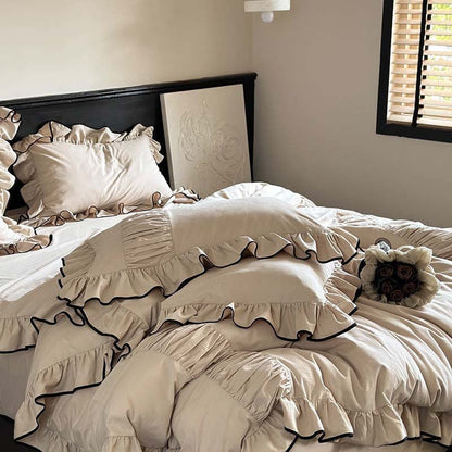 Beige Black Trim Ruffle Bedding Set