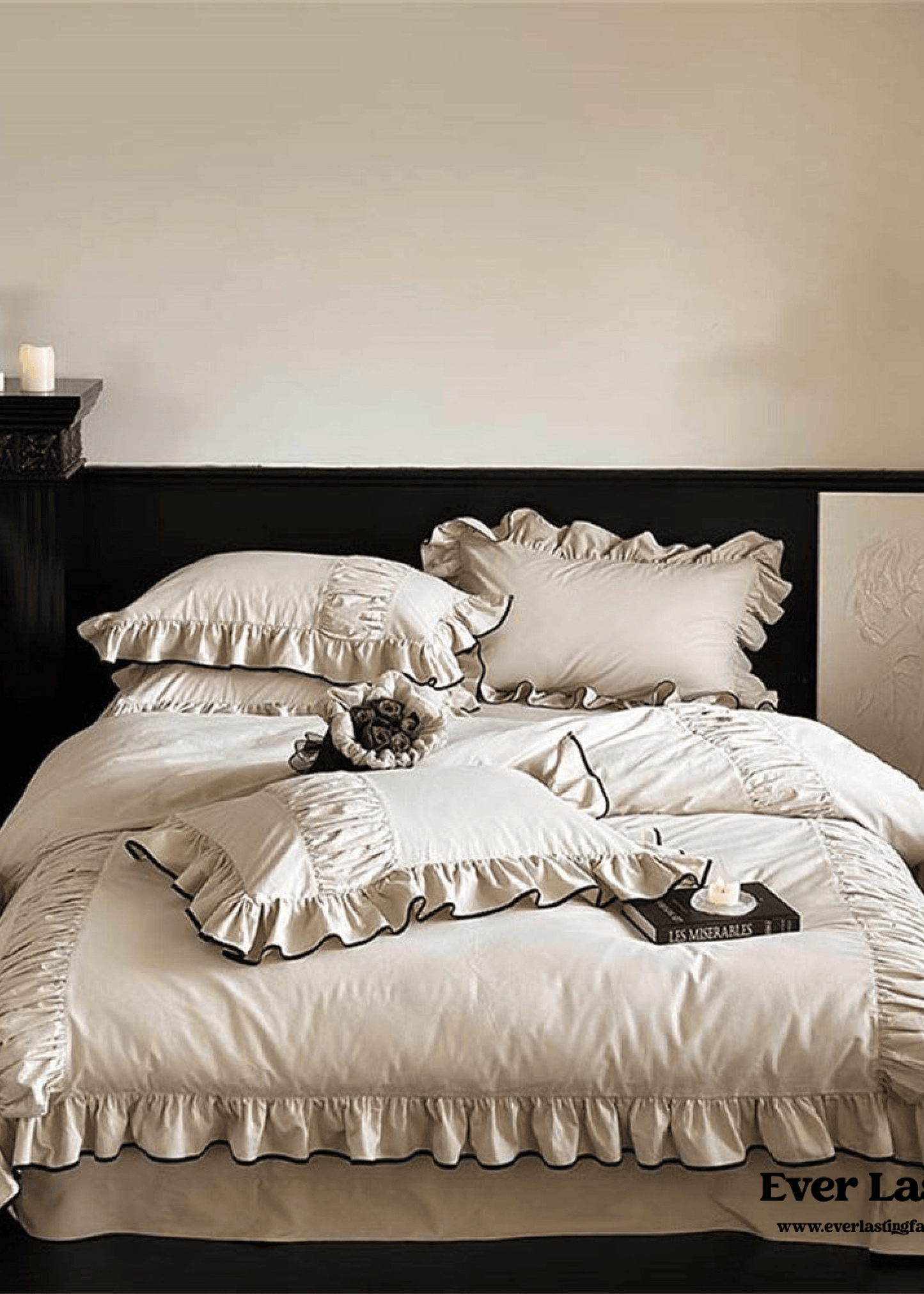 Beige Black Trim Ruffle Bedding Set