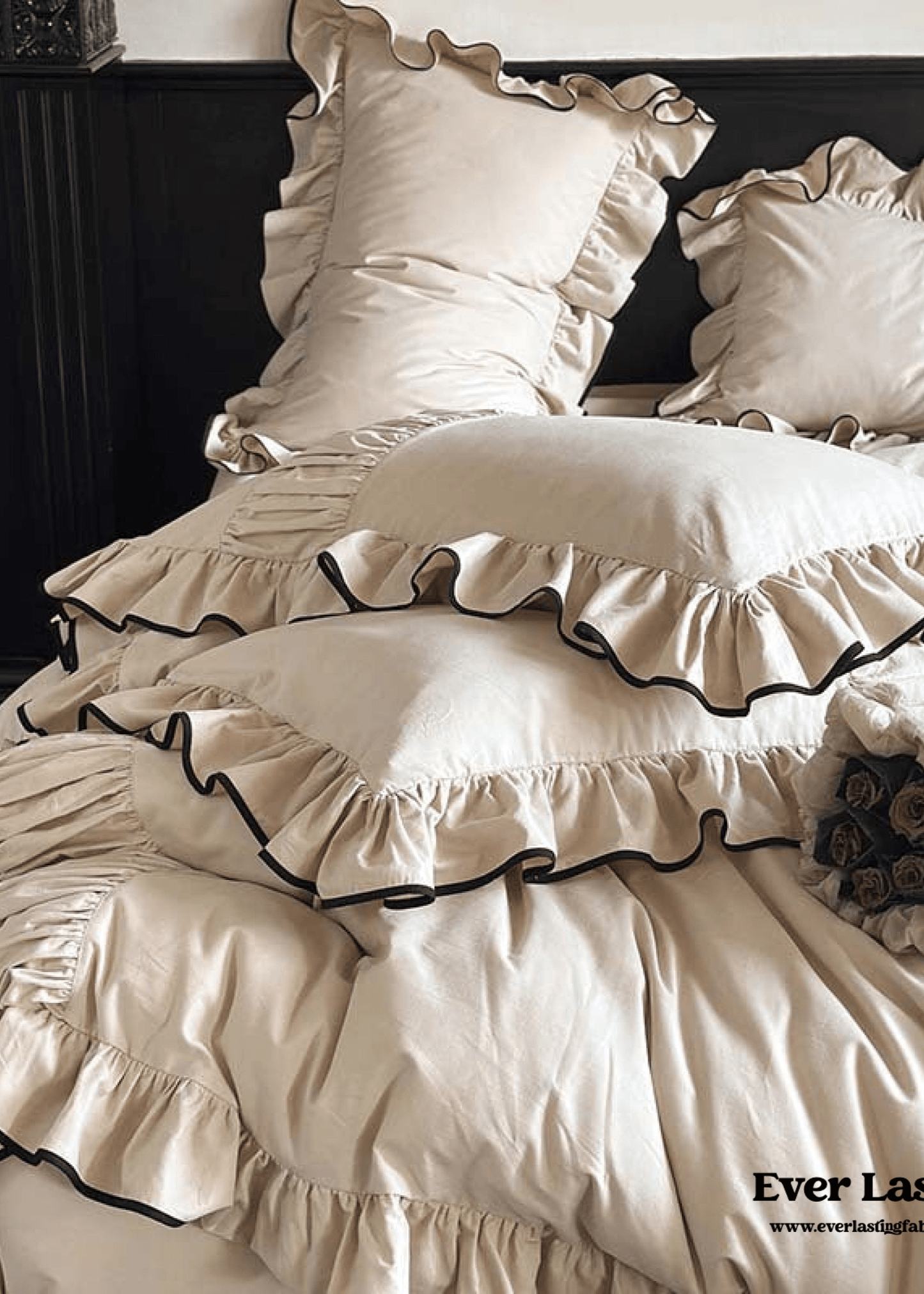 Beige Black Trim Ruffle Bedding Set