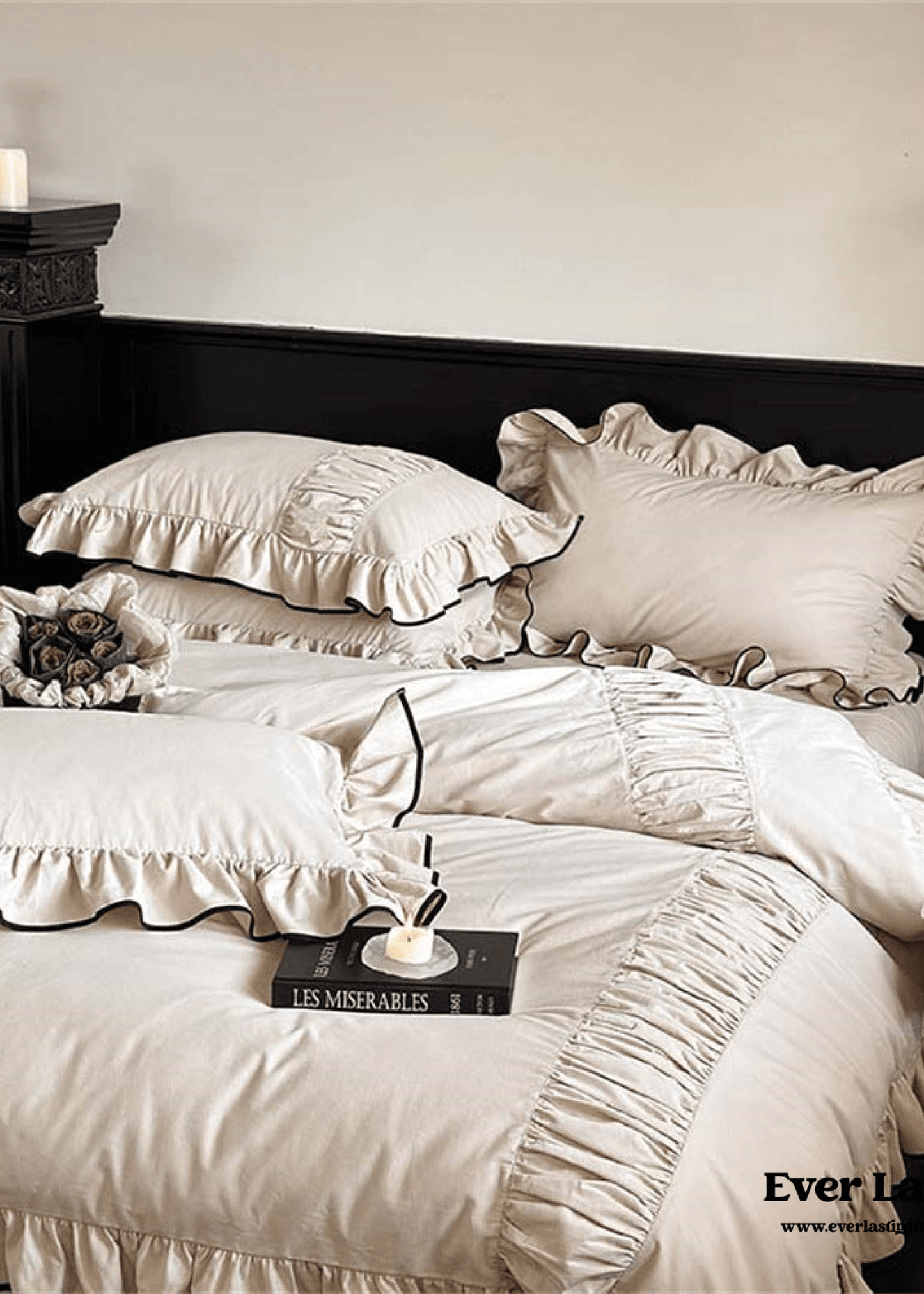 Beige Black Trim Ruffle Bedding Set