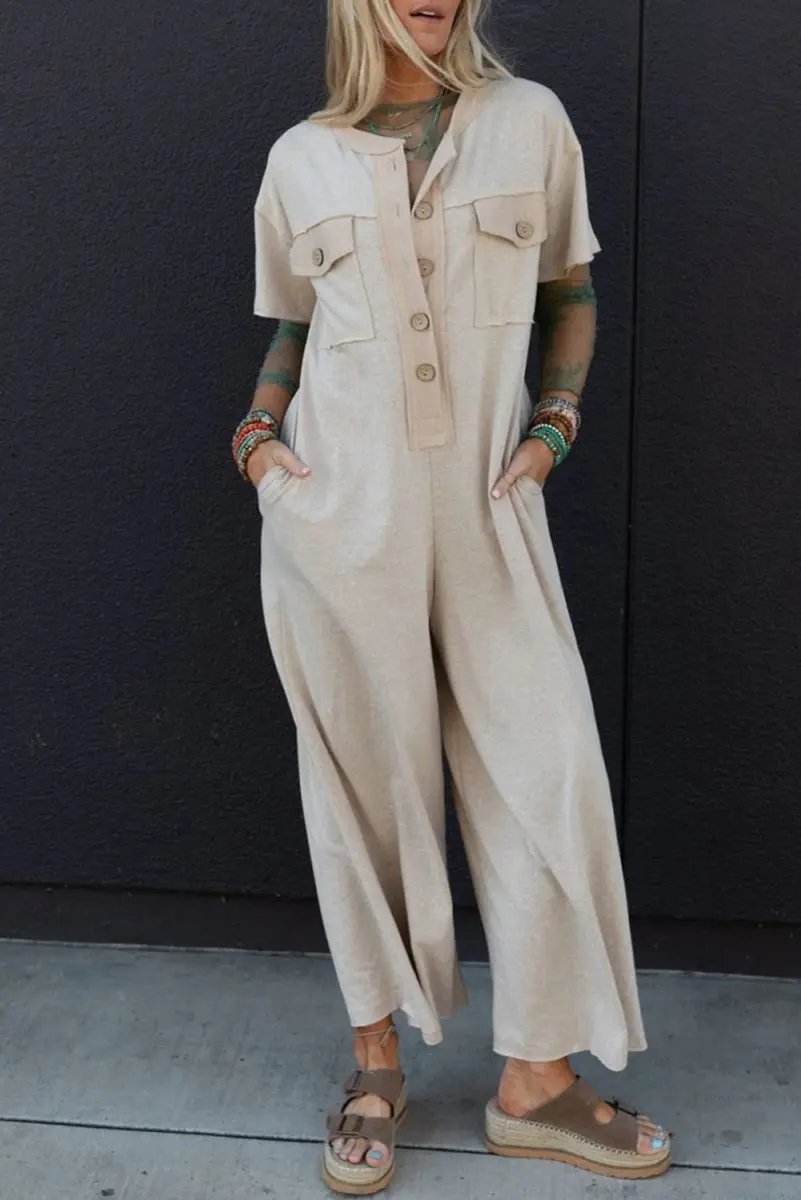 Bottoms/Jumpsuits & Rompers Love Salve  Beige Half Placket Chest Pockets Short Sleeve