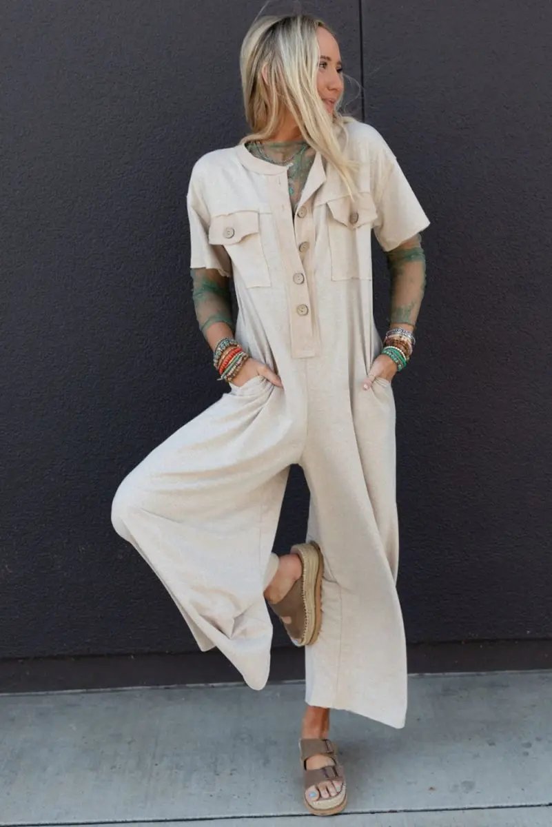 Bottoms/Jumpsuits & Rompers Love Salve  Beige Half Placket Chest Pockets Short Sleeve