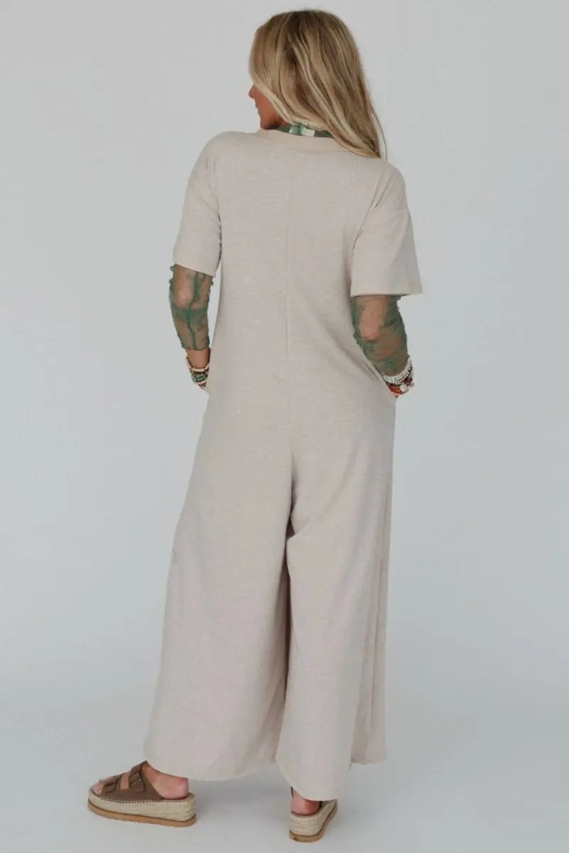 Bottoms/Jumpsuits & Rompers Love Salve  Beige Half Placket Chest Pockets Short Sleeve