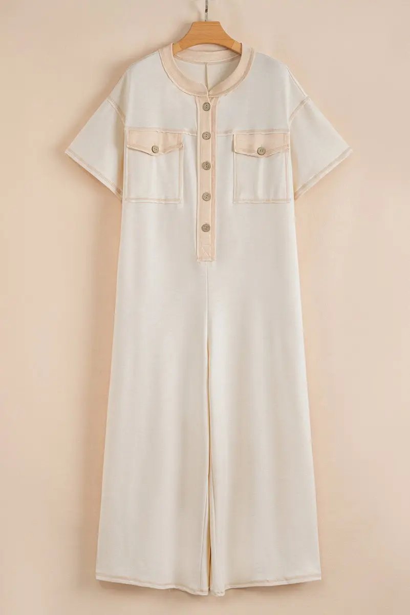 Bottoms/Jumpsuits & Rompers Love Salve  Beige Half Placket Chest Pockets Short Sleeve