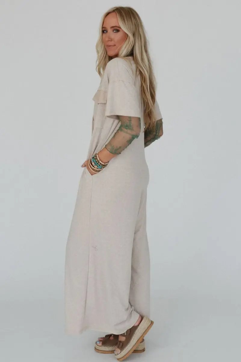 Bottoms/Jumpsuits & Rompers Love Salve  Beige Half Placket Chest Pockets Short Sleeve
