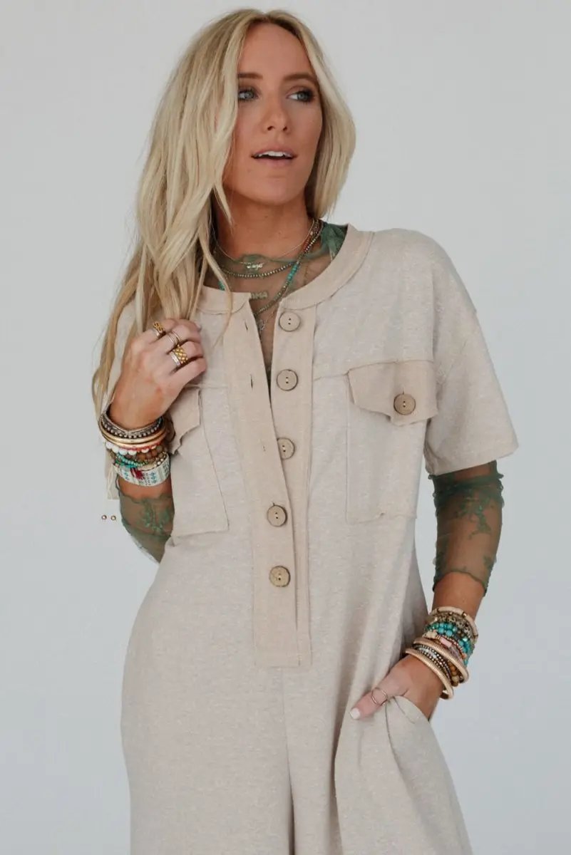Bottoms/Jumpsuits & Rompers Love Salve  Beige Half Placket Chest Pockets Short Sleeve