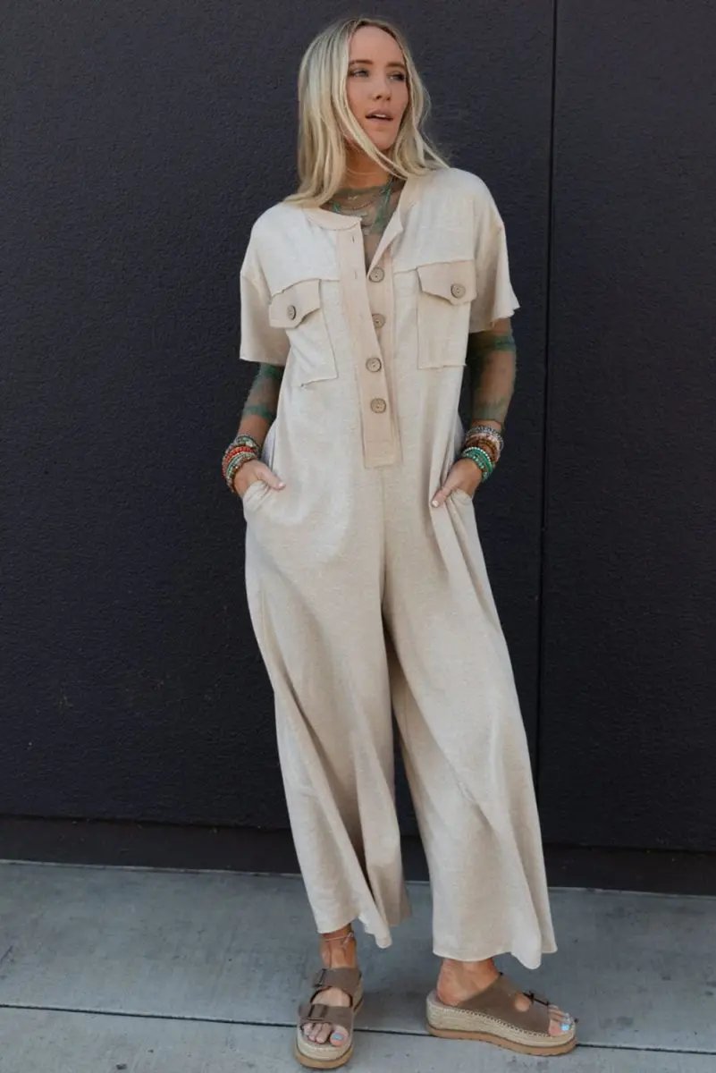 Bottoms/Jumpsuits & Rompers Love Salve  Beige Half Placket Chest Pockets Short Sleeve