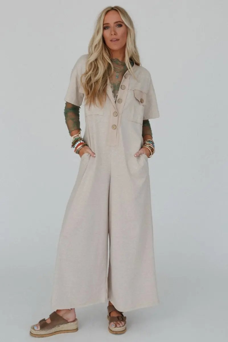Bottoms/Jumpsuits & Rompers Love Salve  Beige Half Placket Chest Pockets Short Sleeve