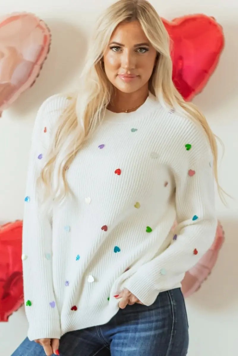 Sweaters Love Salve  Beige Heart Sequin Waffle Knit Sweater with