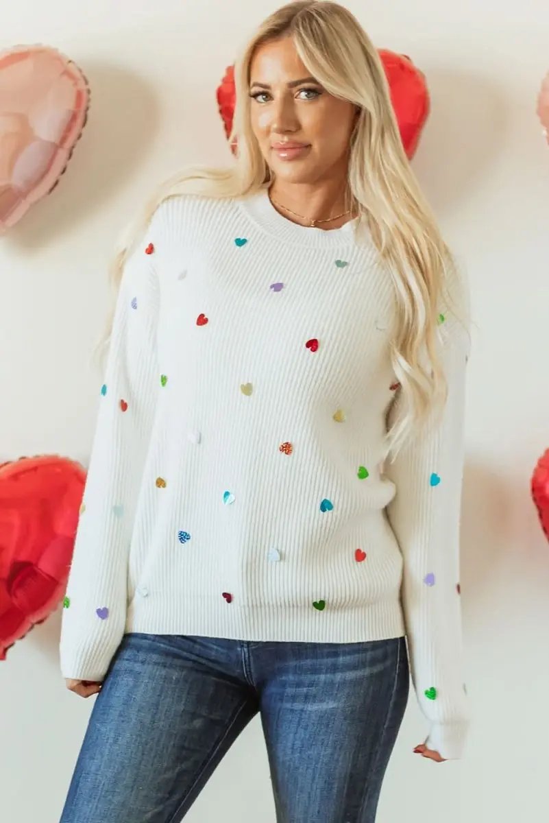 Sweaters Love Salve  Beige Heart Sequin Waffle Knit Sweater with