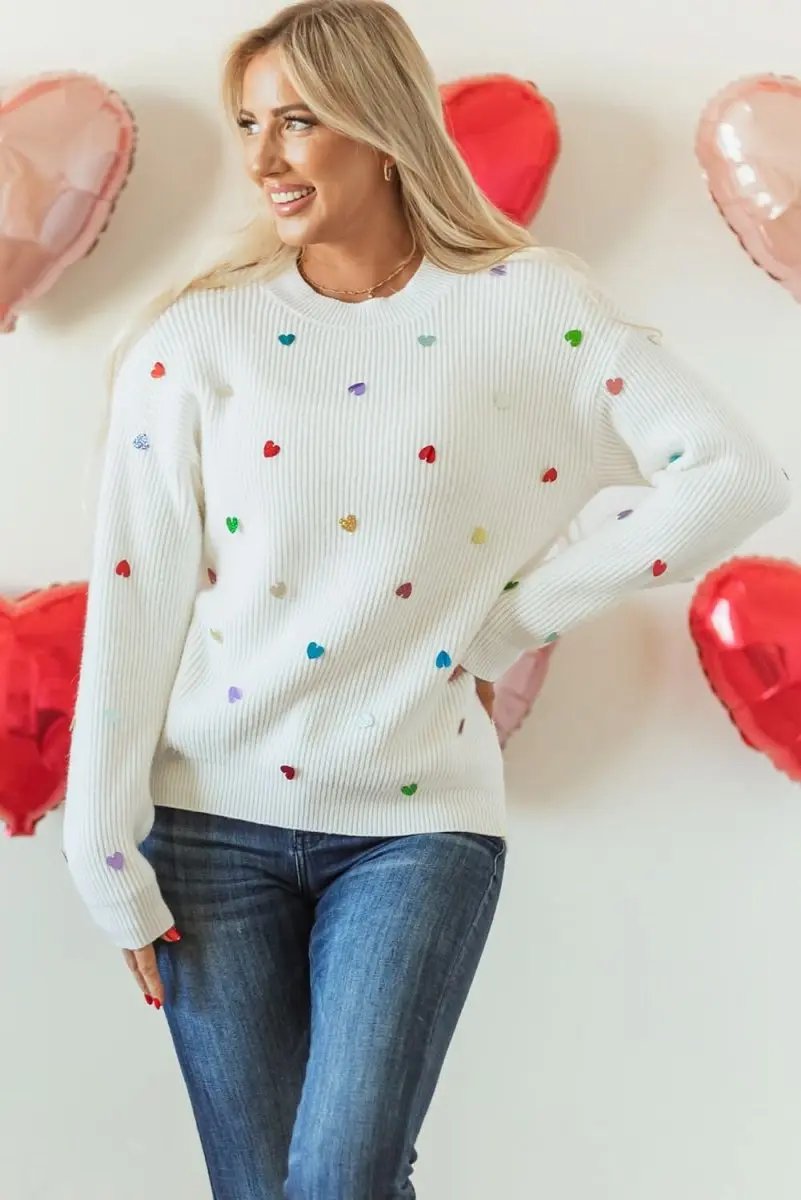 Sweaters Love Salve  Beige Heart Sequin Waffle Knit Sweater with