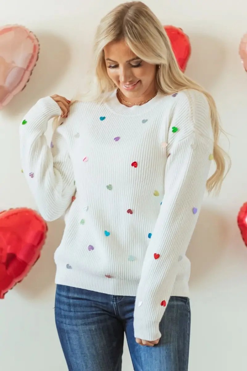 Sweaters Love Salve  Beige Heart Sequin Waffle Knit Sweater with